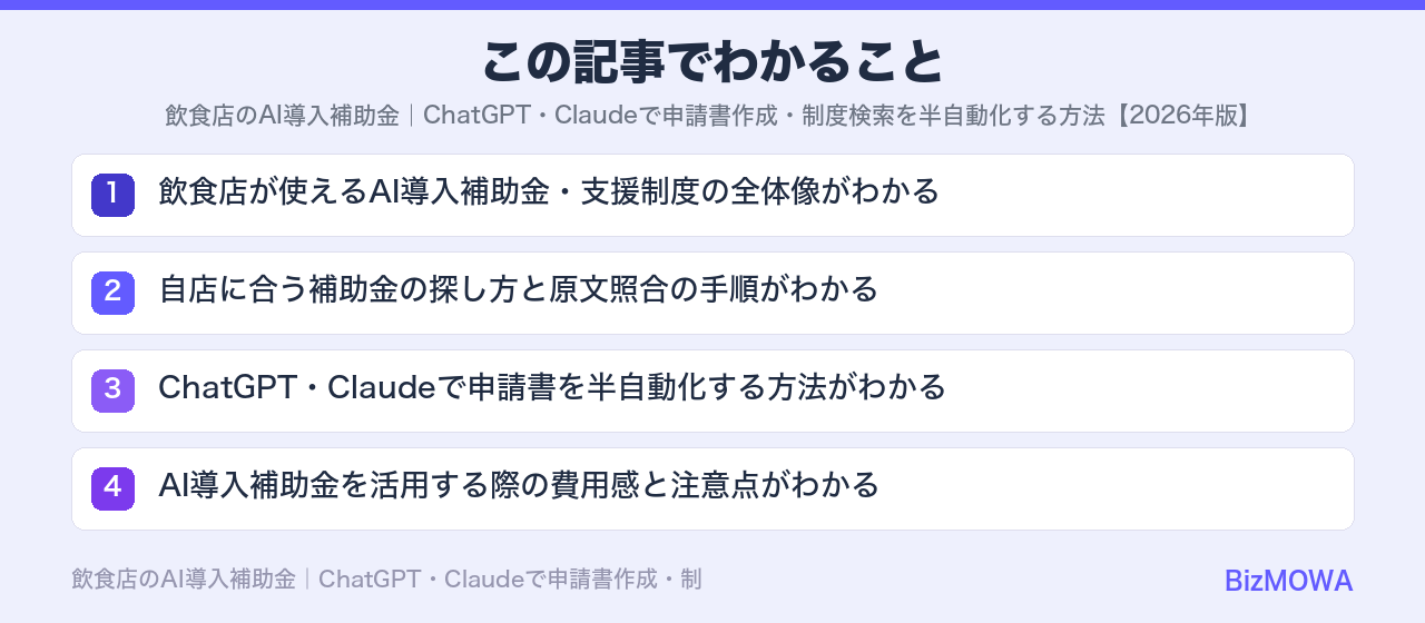 この記事でわかること：飲食店のAI導入補助金｜ChatGPT・Claudeで申請書作成・制度検索を半自