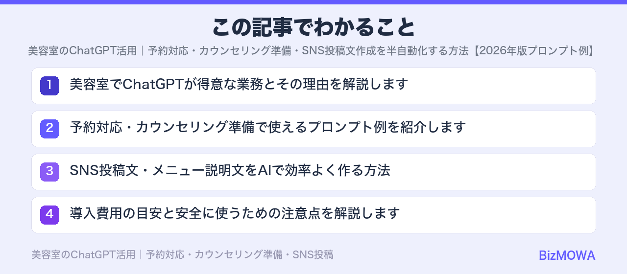 この記事でわかること:美容室のChatGPT活用|予約対応・カウンセリング準備・SNS投稿文作成を半自