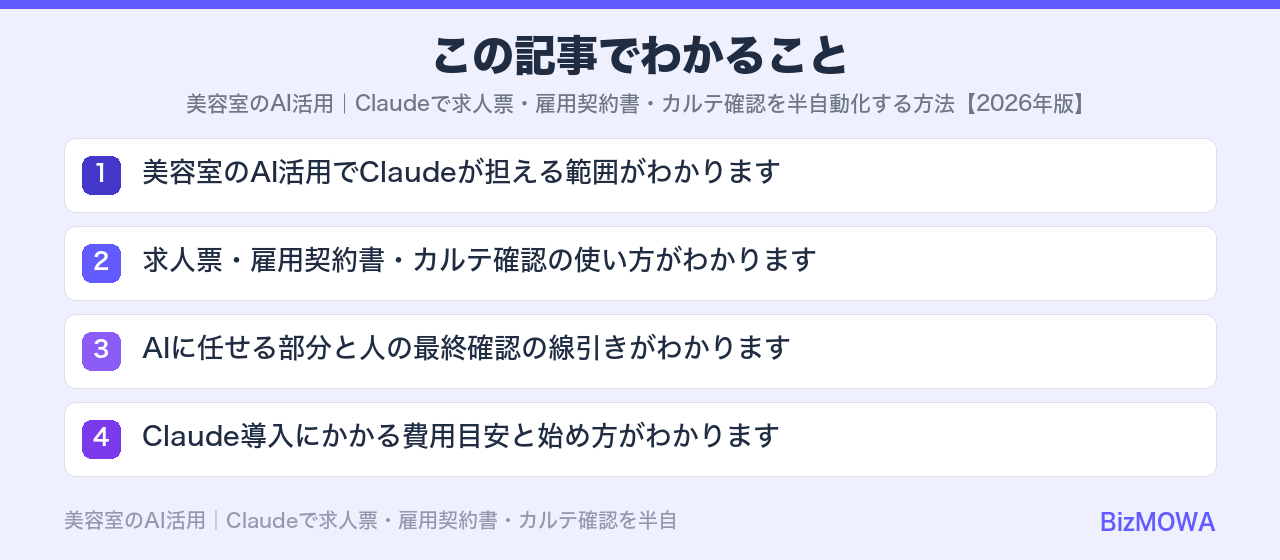 この記事でわかること：美容室のAI活用｜Claudeで求人票・雇用契約書・カルテ確認を半自動化する方法
