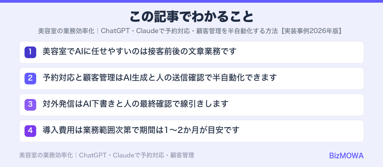 この記事でわかること：美容室の業務効率化｜ChatGPT・Claudeで予約対応・顧客管理を半自動化す