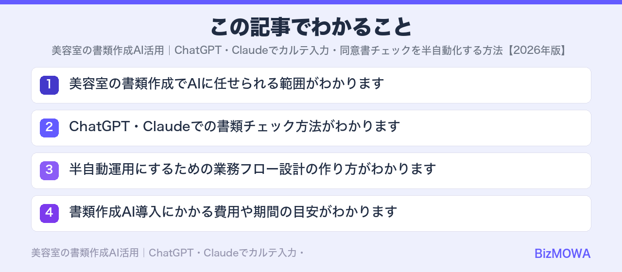この記事でわかること：美容室の書類作成AI活用｜ChatGPT・Claudeでカルテ入力・同意書チェッ