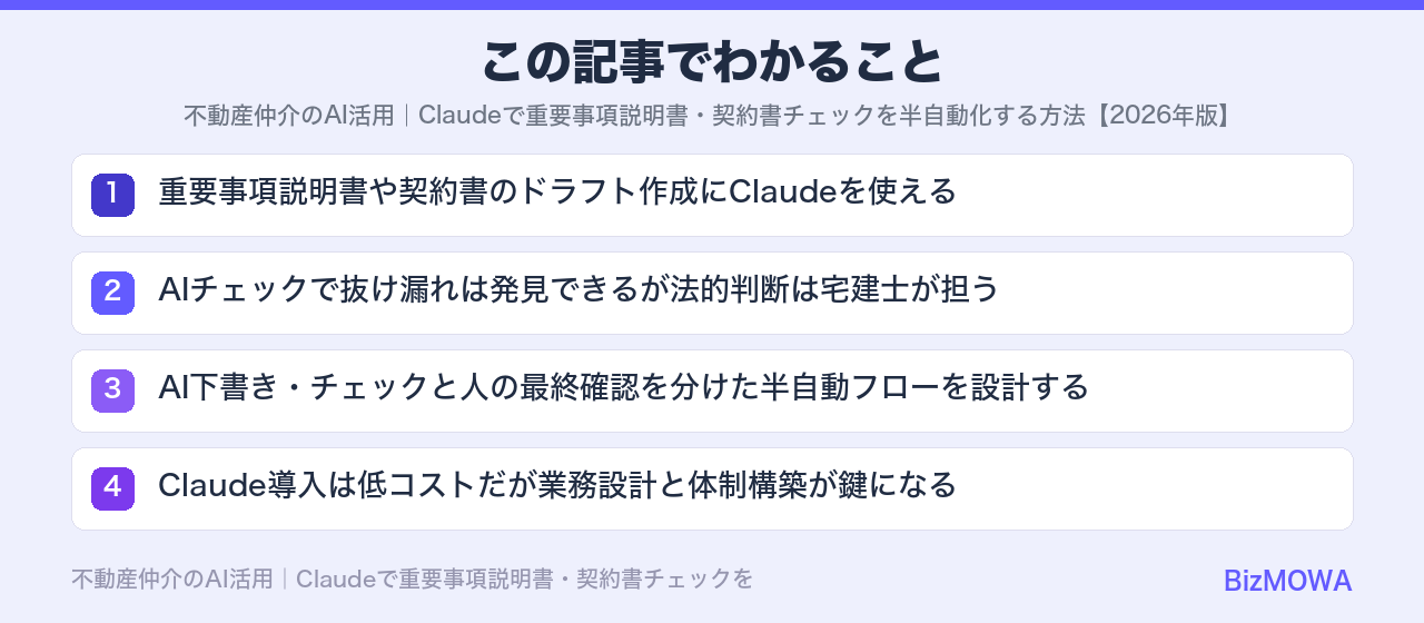 この記事でわかること:不動産仲介のAI活用|Claudeで重要事項説明書・契約書チェックを半自動化する