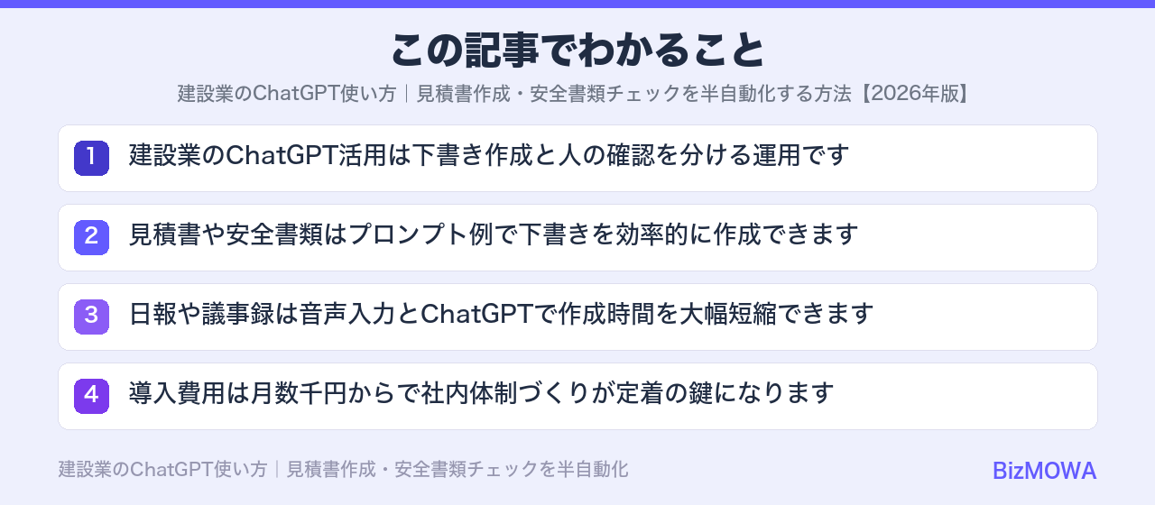 この記事でわかること：建設業のChatGPT使い方｜見積書作成・安全書類チェックを半自動化する方法【2