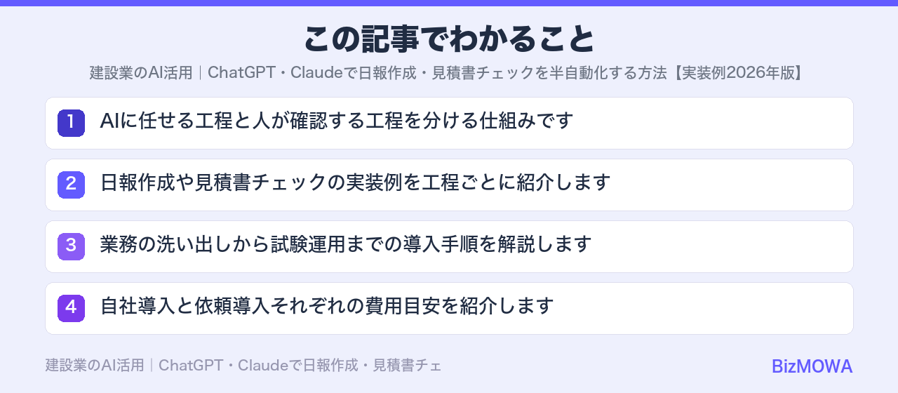 この記事でわかること：建設業のAI活用｜ChatGPT・Claudeで日報作成・見積書チェックを半自動