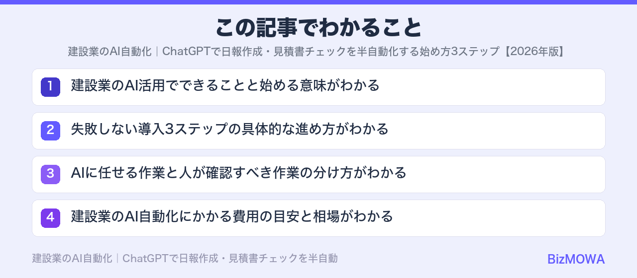 この記事でわかること：建設業のAI自動化｜ChatGPTで日報作成・見積書チェックを半自動化する始め方