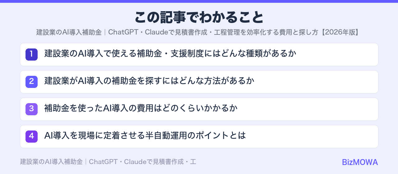 この記事でわかること:建設業のAI導入補助金|ChatGPT・Claudeで見積書作成・工程管理を効率
