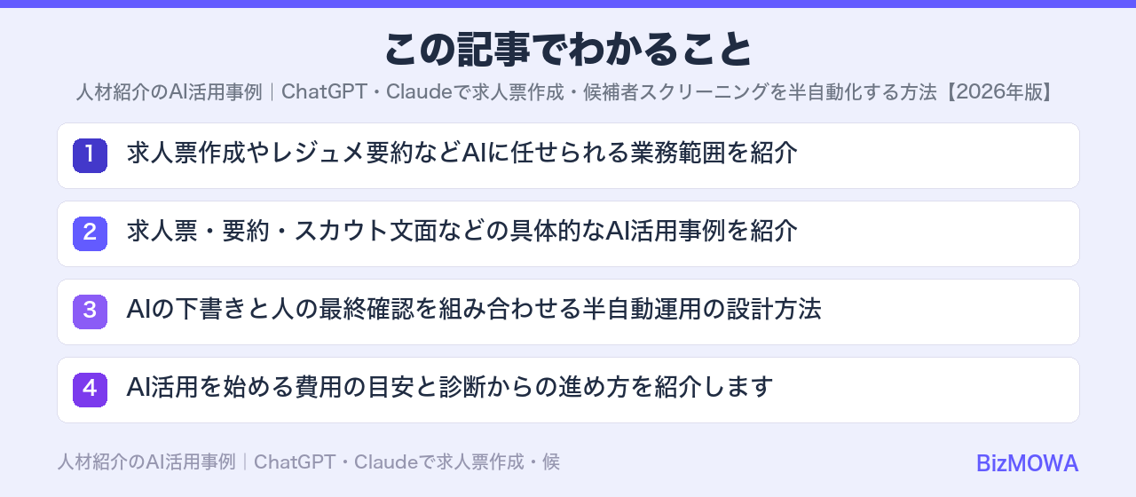 この記事でわかること：人材紹介のAI活用事例｜ChatGPT・Claudeで求人票作成・候補者スクリー