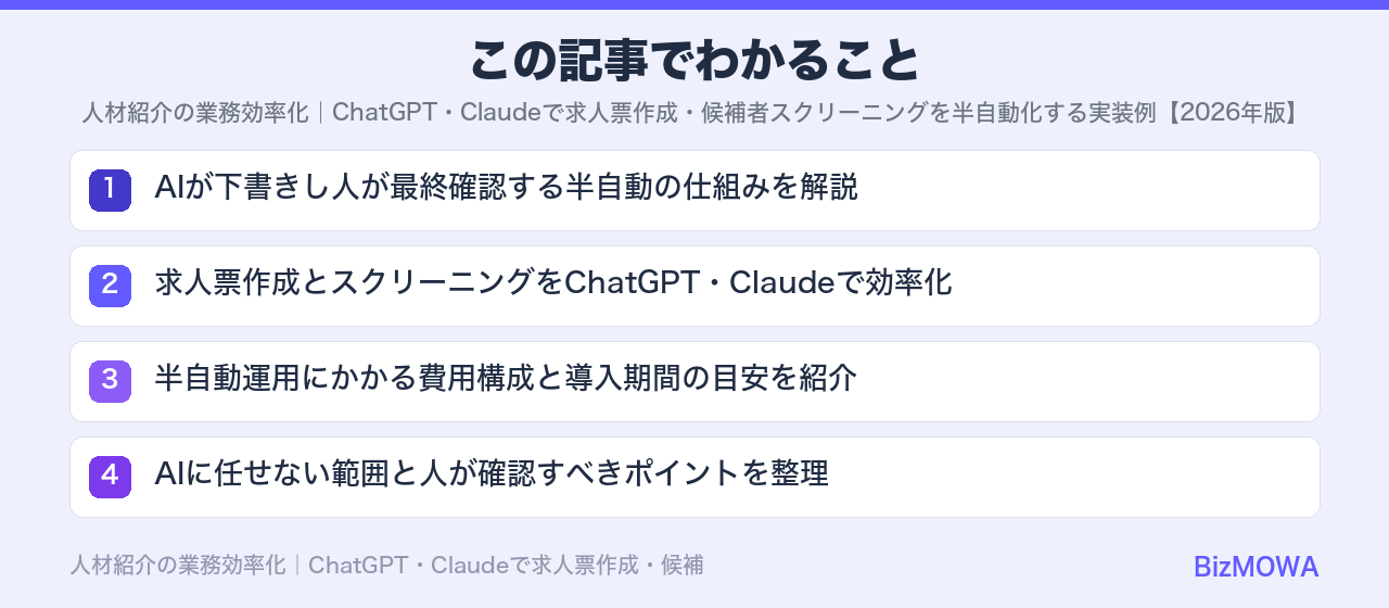 この記事でわかること：人材紹介の業務効率化｜ChatGPT・Claudeで求人票作成・候補者スクリーニ