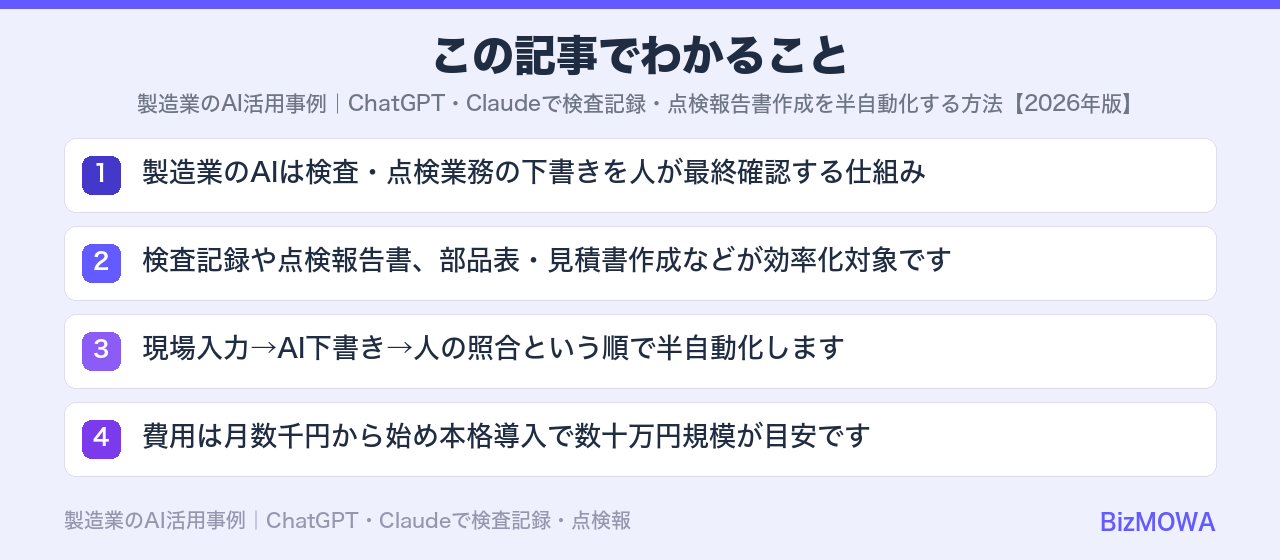 この記事でわかること：製造業のAI活用事例｜ChatGPT・Claudeで検査記録・点検報告書作成を半