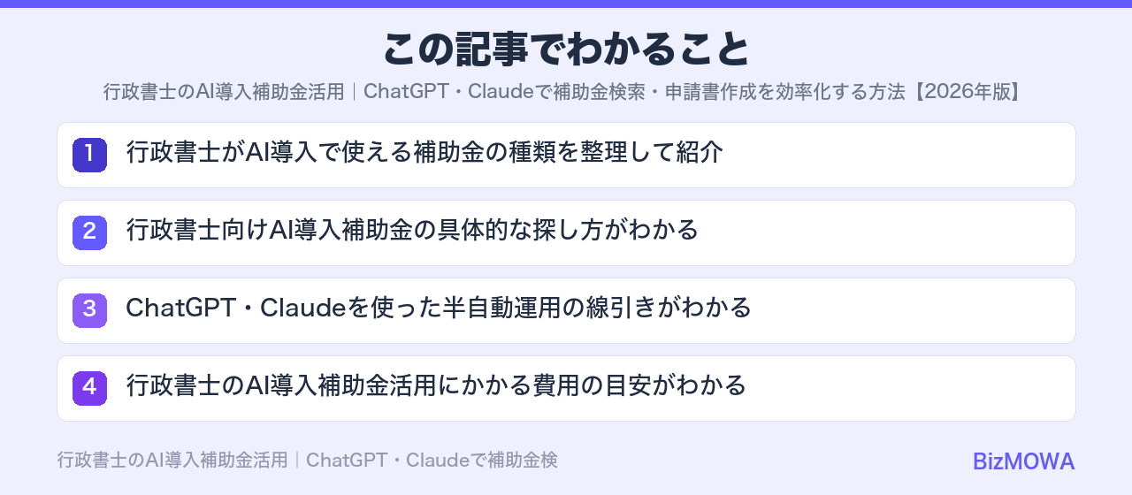 この記事でわかること：行政書士のAI導入補助金活用｜ChatGPT・Claudeで補助金検索・申請書作