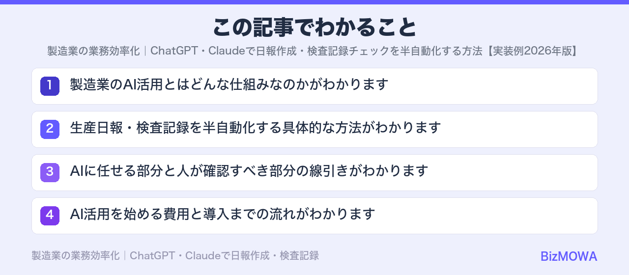 この記事でわかること：製造業の業務効率化｜ChatGPT・Claudeで日報作成・検査記録チェックを半