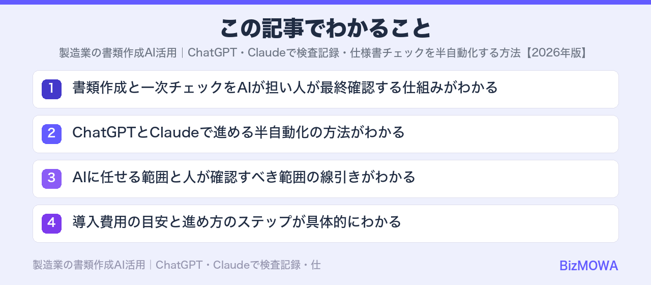 この記事でわかること：製造業の書類作成AI活用｜ChatGPT・Claudeで検査記録・仕様書チェック