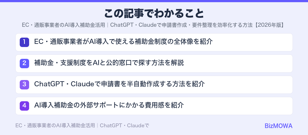この記事でわかること：EC・通販事業者のAI導入補助金活用｜ChatGPT・Claudeで申請書作成・