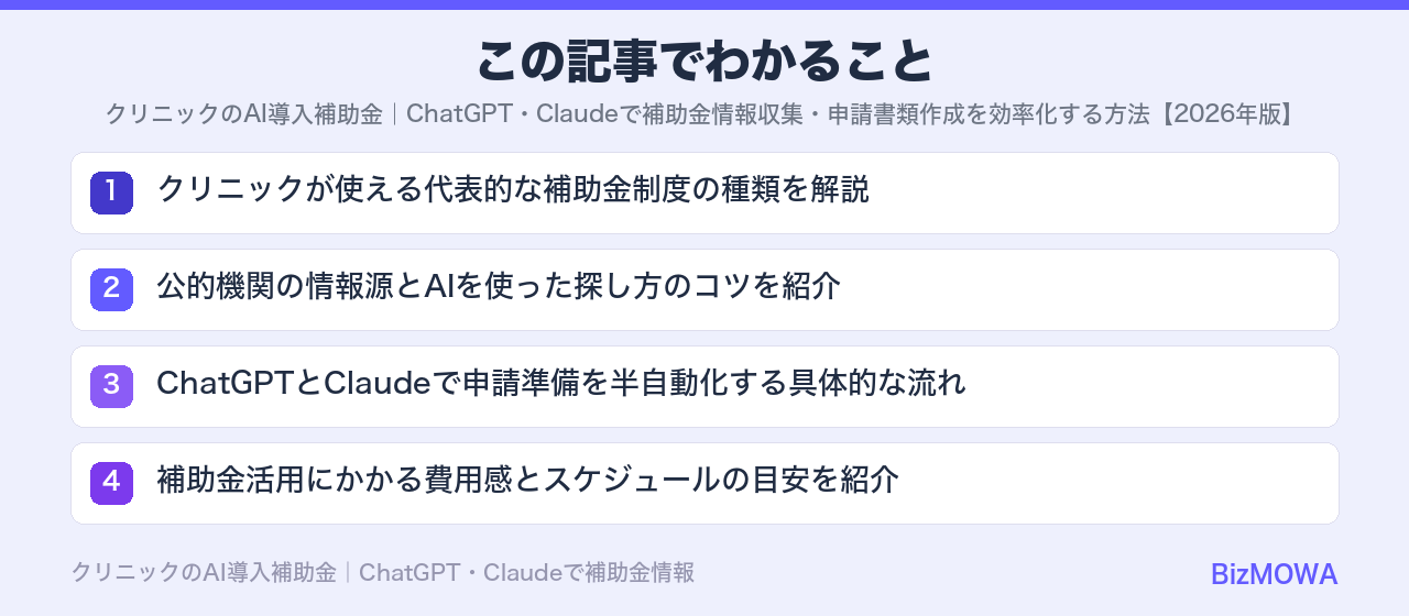 この記事でわかること：クリニックのAI導入補助金｜ChatGPT・Claudeで補助金情報収集・申請書