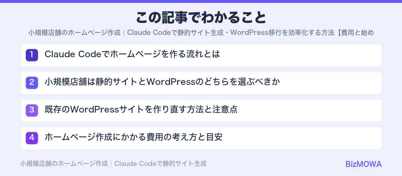 この記事でわかること：小規模店舗のホームページ作成｜Claude Codeで静的サイト生成・WordP