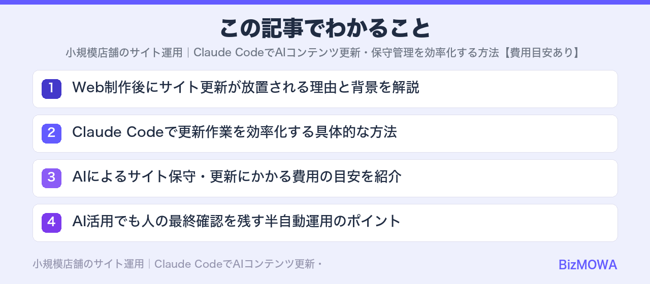 この記事でわかること：小規模店舗のサイト運用｜Claude CodeでAIコンテンツ更新・保守管理を効