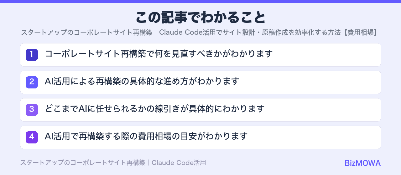 この記事でわかること：スタートアップのコーポレートサイト再構築｜Claude Code活用でサイト設計