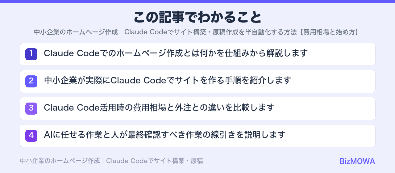 この記事でわかること：中小企業のホームページ作成｜Claude Codeでサイト構築・原稿作成を半自動
