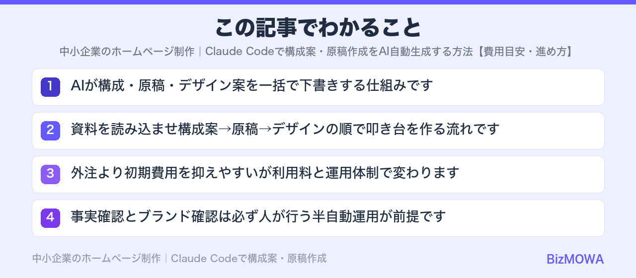 この記事でわかること：中小企業のホームページ制作｜Claude Codeで構成案・原稿作成をAI自動生