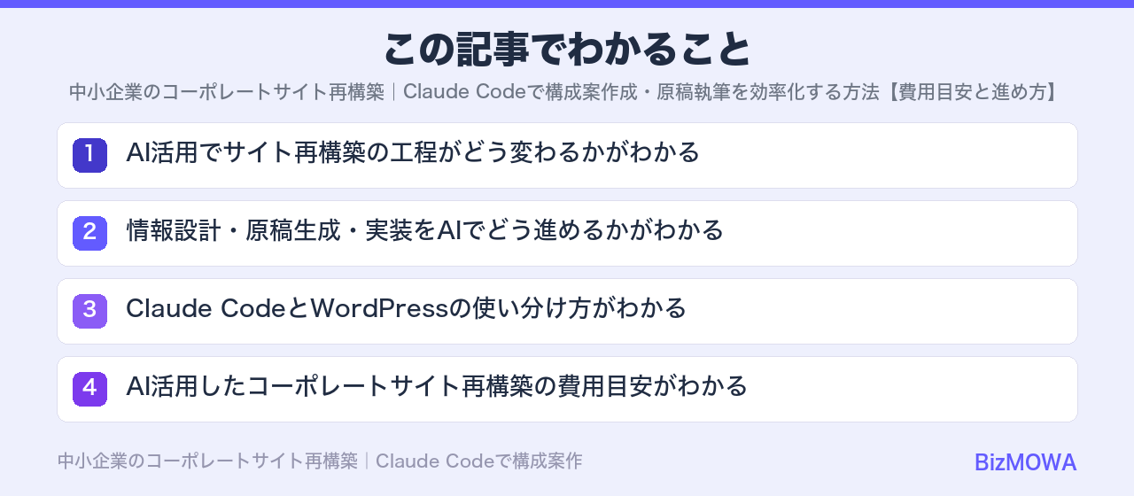 この記事でわかること：中小企業のコーポレートサイト再構築｜Claude Codeで構成案作成・原稿執筆