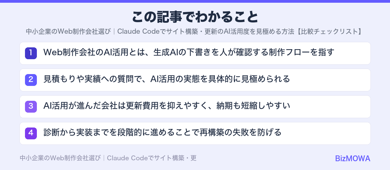 この記事でわかること：中小企業のWeb制作会社選び｜Claude Codeでサイト構築・更新のAI活用