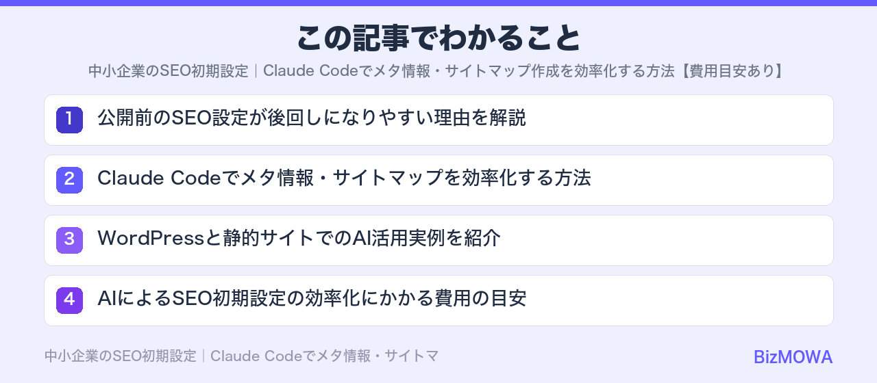 この記事でわかること：中小企業のSEO初期設定｜Claude Codeでメタ情報・サイトマップ作成を効