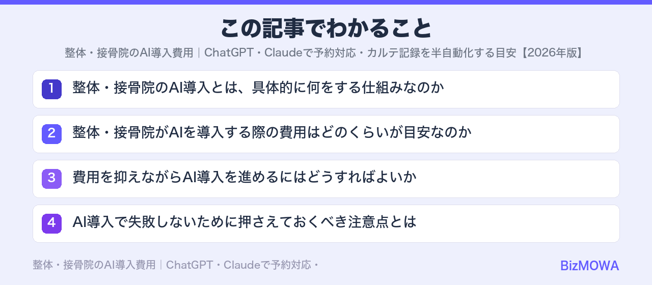 この記事でわかること：整体・接骨院のAI導入費用｜ChatGPT・Claudeで予約対応・カルテ記録を