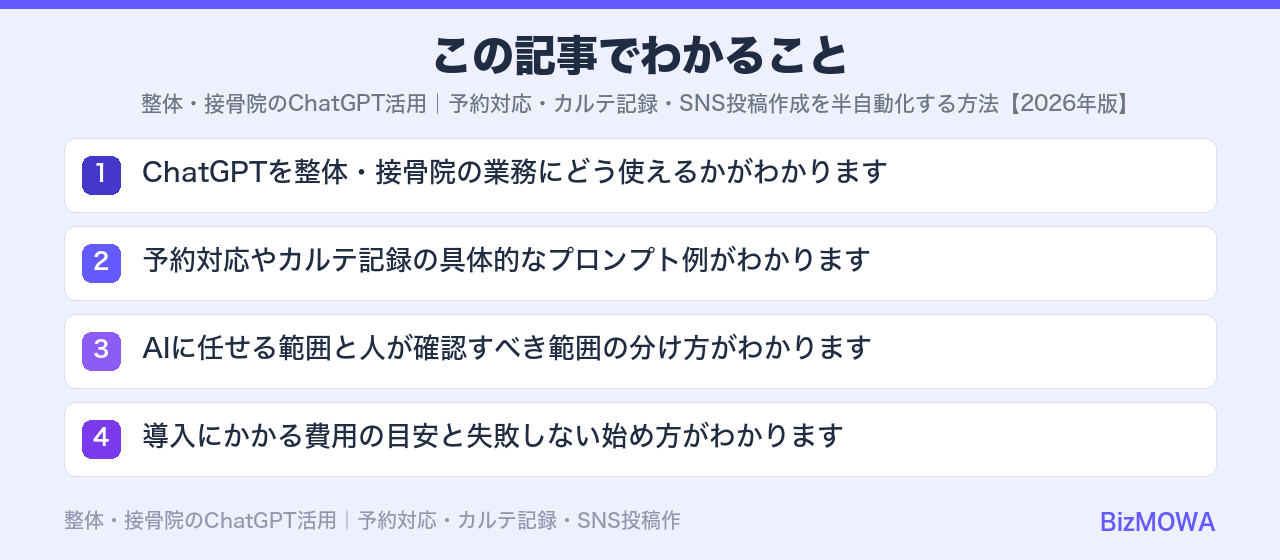 この記事でわかること：整体・接骨院のChatGPT活用｜予約対応・カルテ記録・SNS投稿作成を半自動化