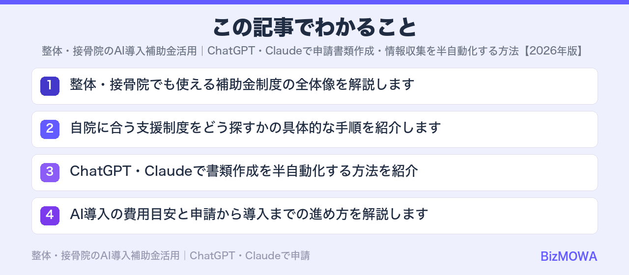 この記事でわかること：整体・接骨院のAI導入補助金活用｜ChatGPT・Claudeで申請書類作成・情