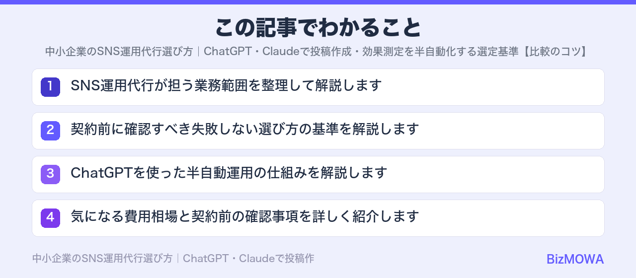 この記事でわかること：中小企業のSNS運用代行選び方｜ChatGPT・Claudeで投稿作成・効果測定