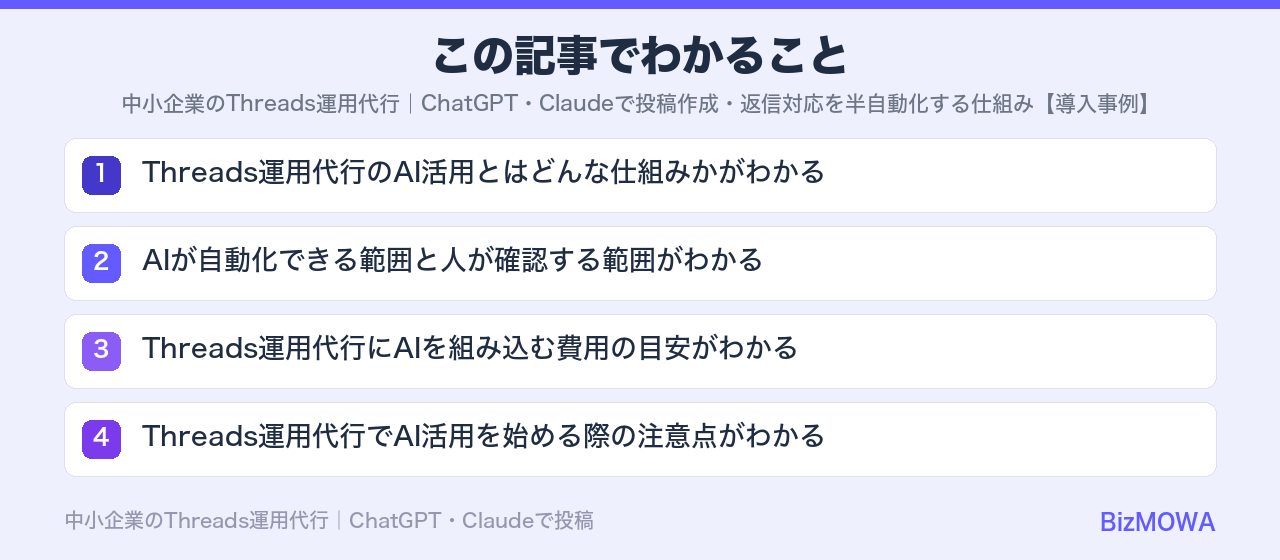 この記事でわかること：中小企業のThreads運用代行｜ChatGPT・Claudeで投稿作成・返信対
