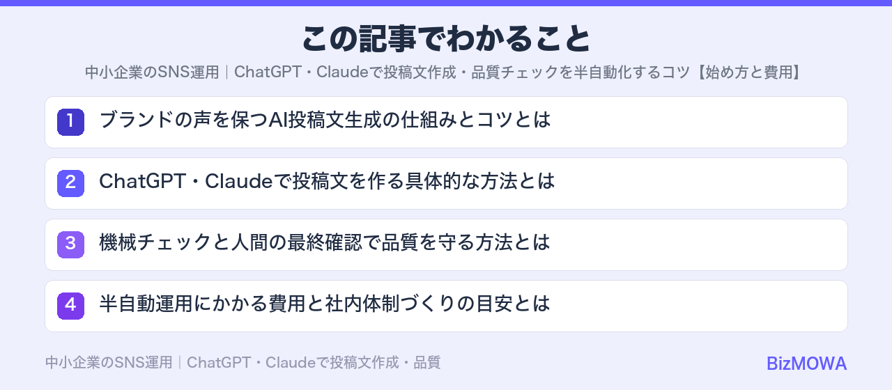この記事でわかること:中小企業のSNS運用|ChatGPT・Claudeで投稿文作成・品質チェックを半