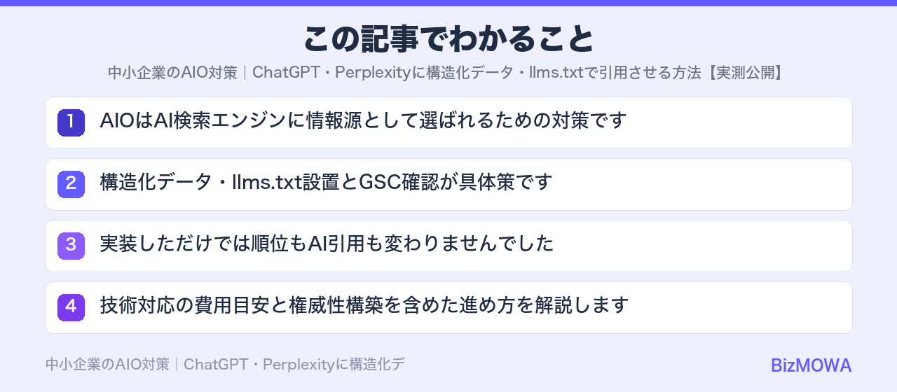 この記事でわかること：中小企業のAIO対策｜ChatGPT・Perplexityに構造化データ・llm
