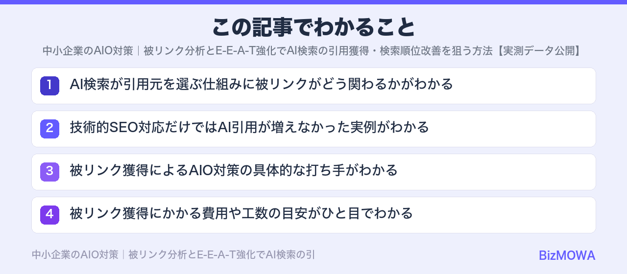 この記事でわかること：中小企業のAIO対策｜被リンク分析とE-E-A-T強化でAI検索の引用獲得・検索