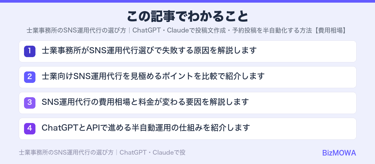 この記事でわかること：士業事務所のSNS運用代行の選び方｜ChatGPT・Claudeで投稿文作成・予