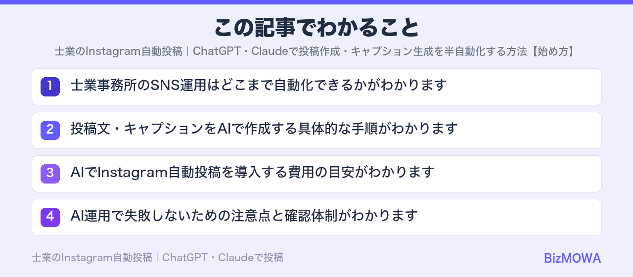 この記事でわかること：士業のInstagram自動投稿｜ChatGPT・Claudeで投稿作成・キャプ