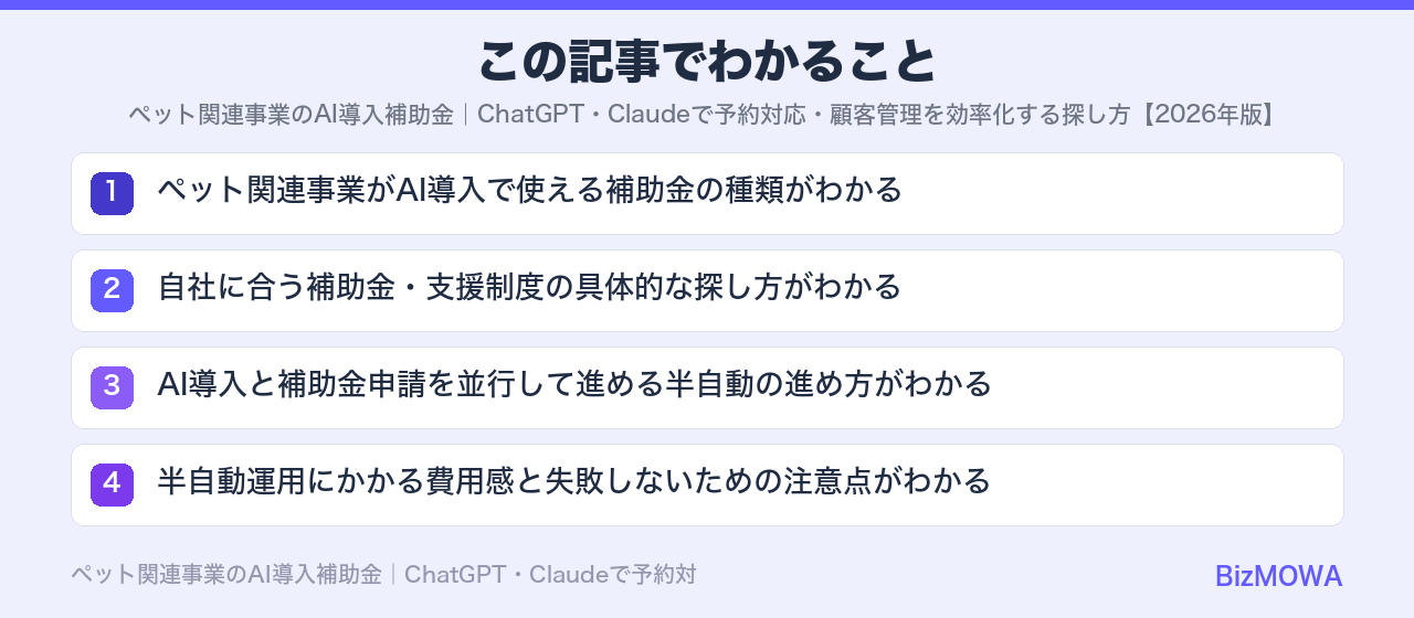 この記事でわかること：ペット関連事業のAI導入補助金｜ChatGPT・Claudeで予約対応・顧客管理