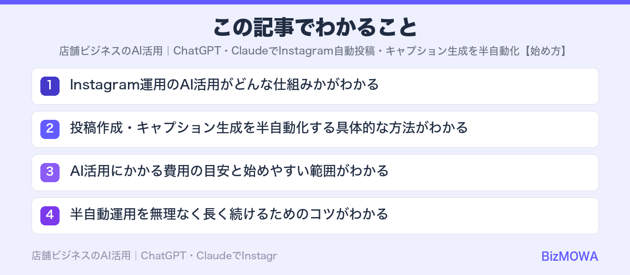 この記事でわかること：店舗ビジネスのAI活用｜ChatGPT・ClaudeでInstagram自動投稿
