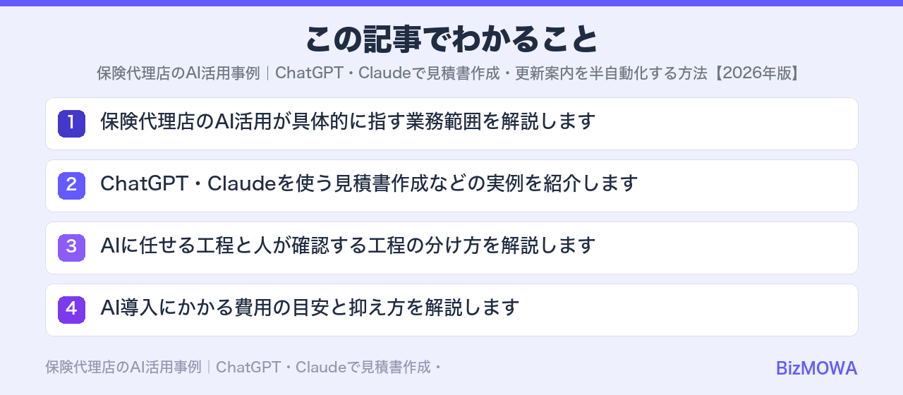 この記事でわかること：保険代理店のAI活用事例｜ChatGPT・Claudeで見積書作成・更新案内を半