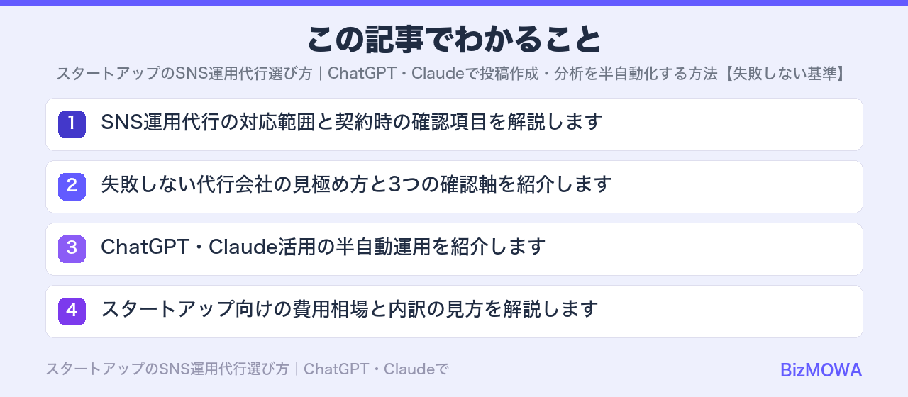 この記事でわかること：スタートアップのSNS運用代行選び方｜ChatGPT・Claudeで投稿作成・分