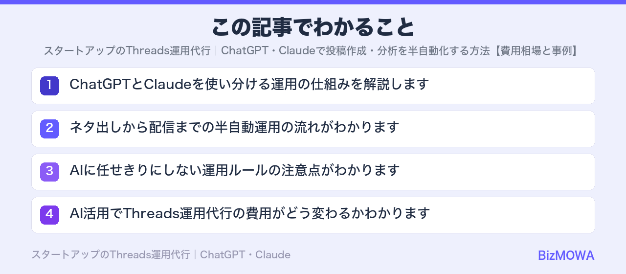 この記事でわかること：スタートアップのThreads運用代行｜ChatGPT・Claudeで投稿作成・