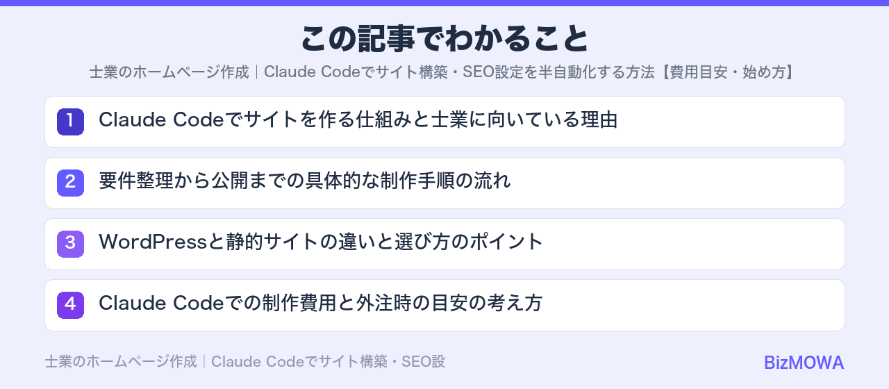 この記事でわかること：士業のホームページ作成｜Claude Codeでサイト構築・SEO設定を半自動化