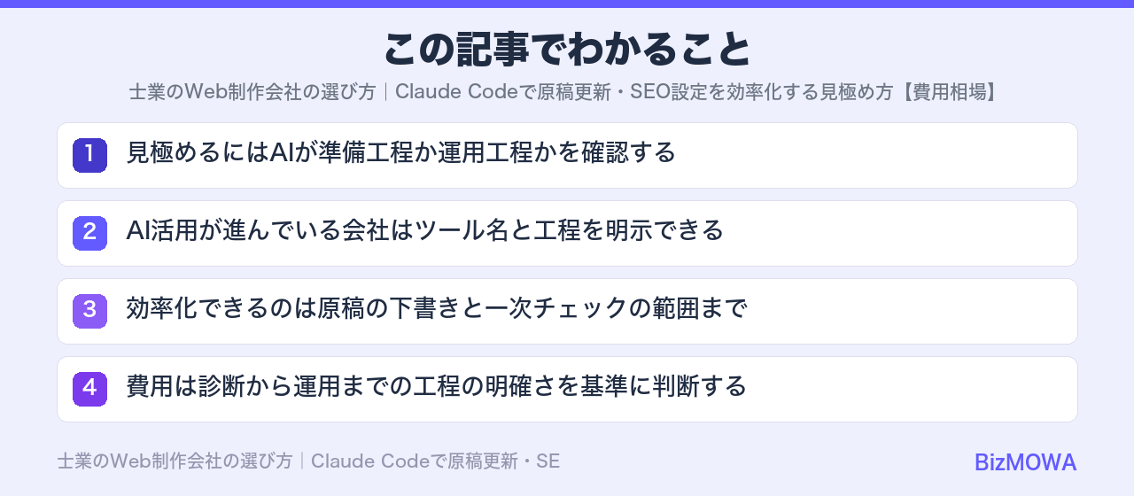 この記事でわかること:士業のWeb制作会社の選び方|Claude Codeで原稿更新・SEO設定を効率