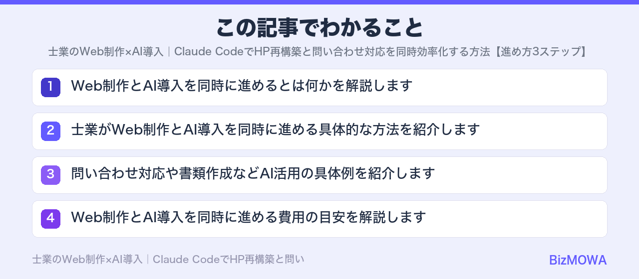 この記事でわかること：士業のWeb制作×AI導入｜Claude CodeでHP再構築と問い合わせ対応を