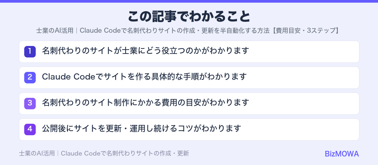 この記事でわかること：士業のAI活用｜Claude Codeで名刺代わりサイトの作成・更新を半自動化す