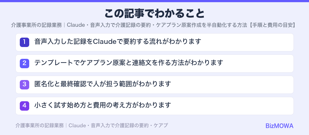 この記事でわかること：介護事業所の記録業務｜Claude・音声入力で介護記録の要約・ケアプラン原案作成
