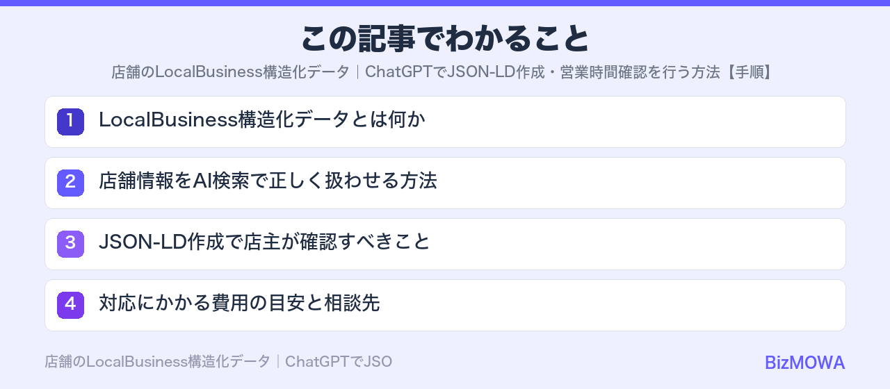 この記事でわかること：店舗のLocalBusiness構造化データ｜ChatGPTでJSON-LD作成