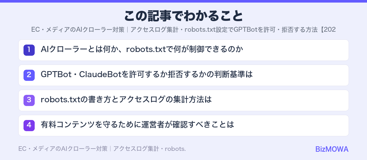 この記事でわかること:EC・メディアのAIクローラー対策|アクセスログ集計・robots.txt設定で