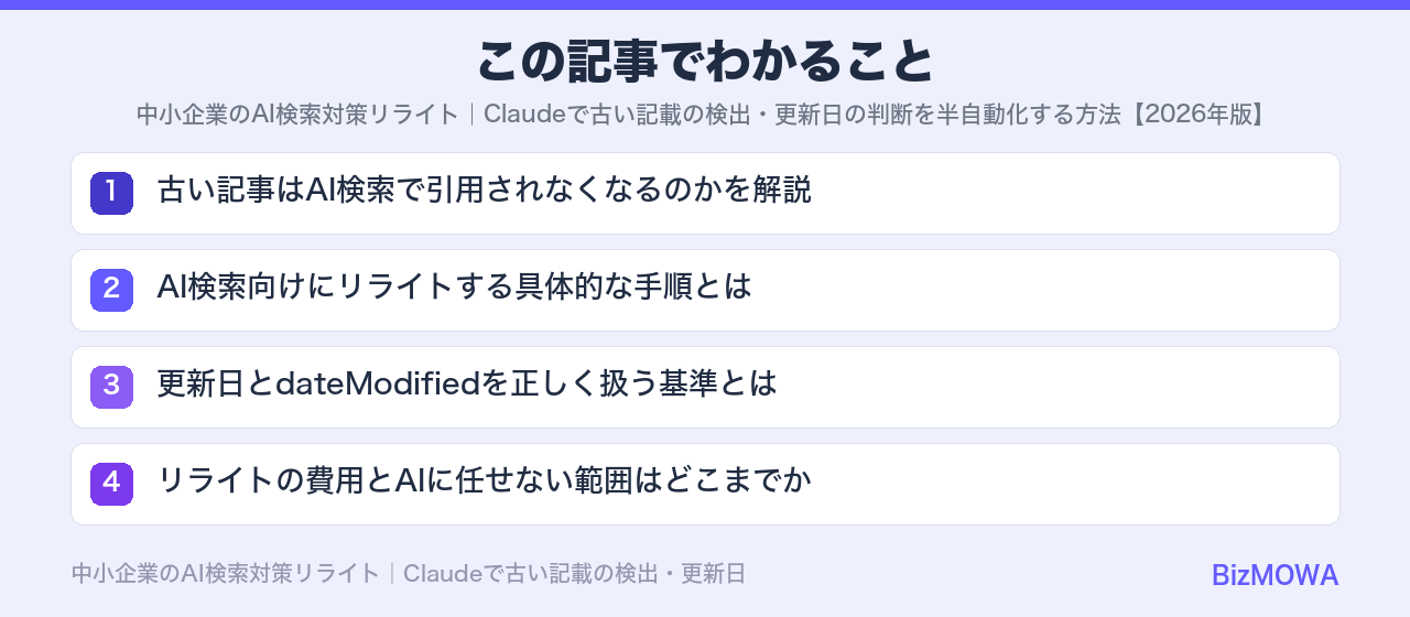 この記事でわかること:中小企業のAI検索対策リライト|Claudeで古い記載の検出・更新日の判断を半自