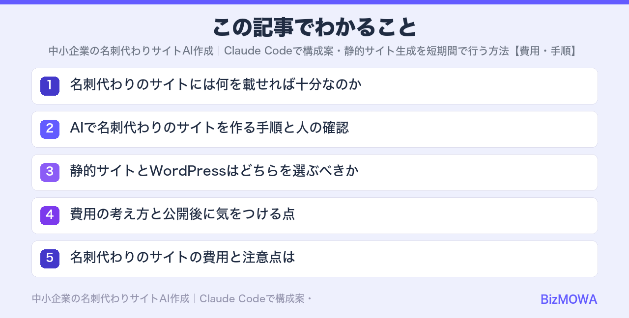 この記事でわかること:中小企業の名刺代わりサイトAI作成|Claude Codeで構成案・静的サイト生